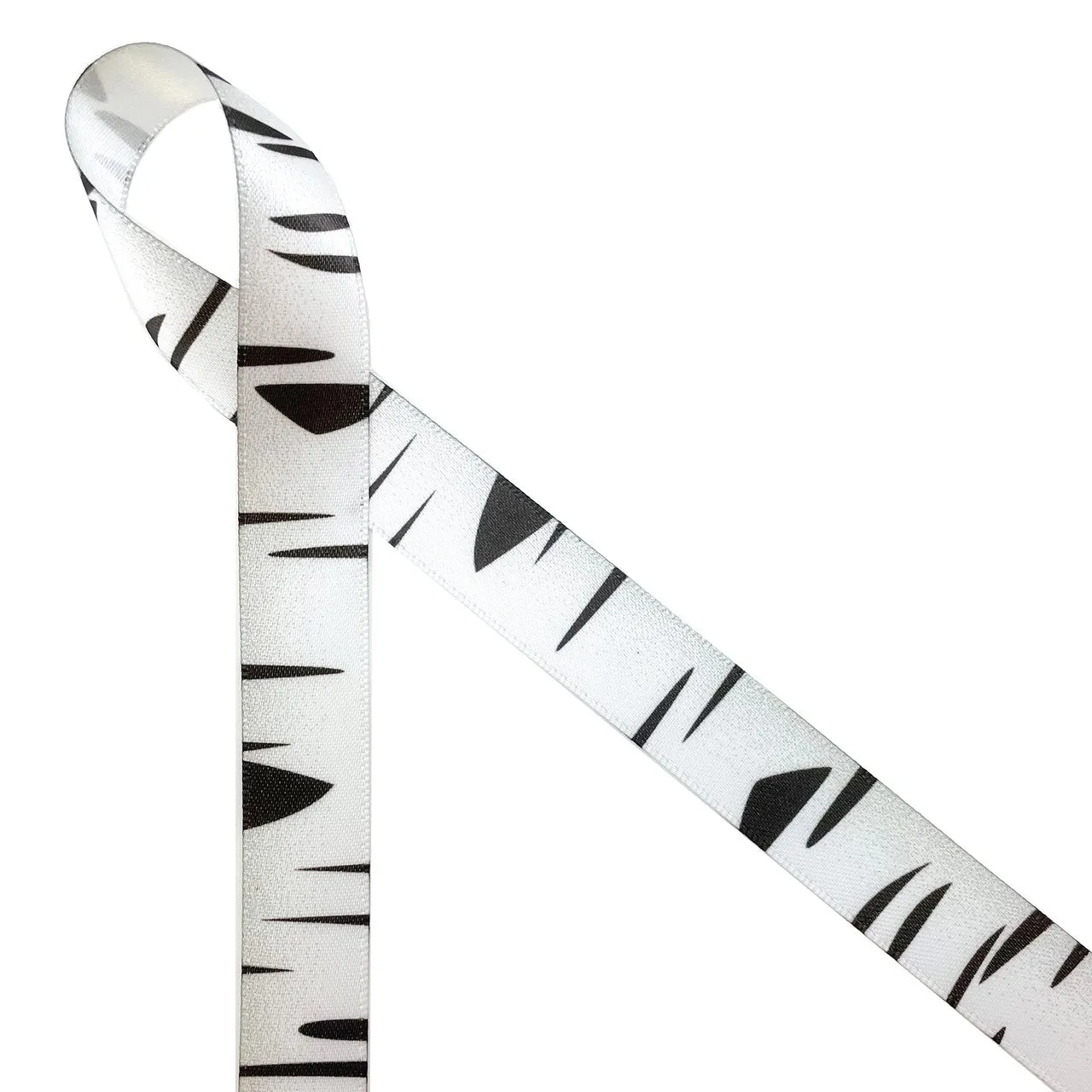 Birch bark ribbon in white and black  printed on 5/8" white satin