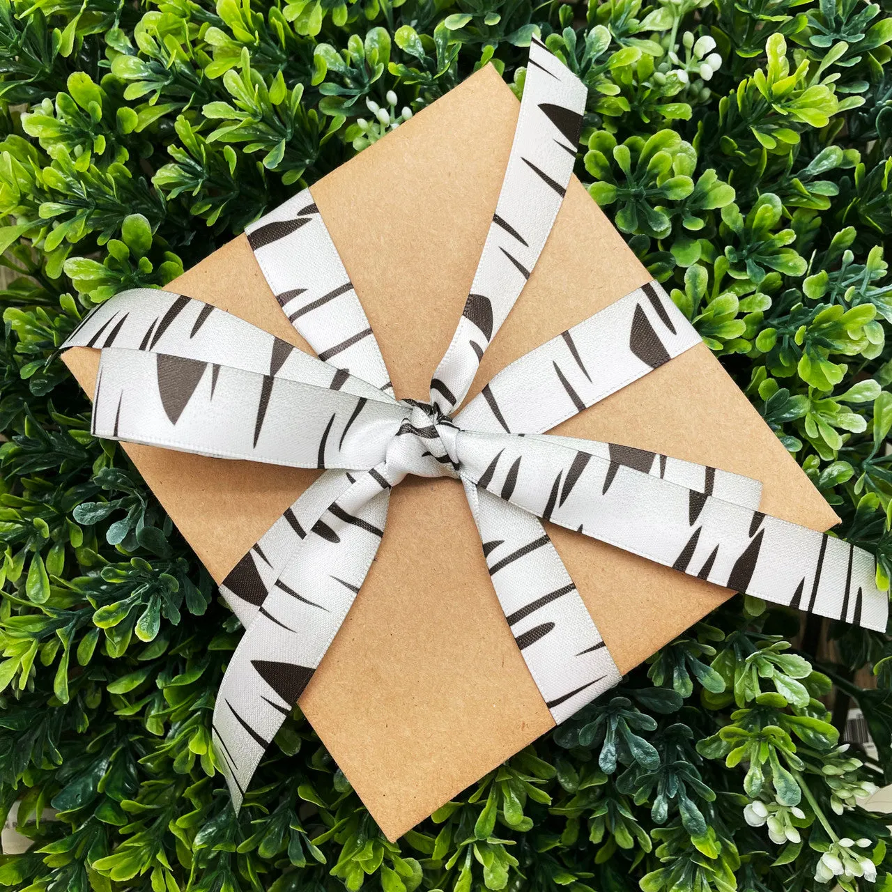 Birch bark ribbon in white and black  printed on 5/8" white satin