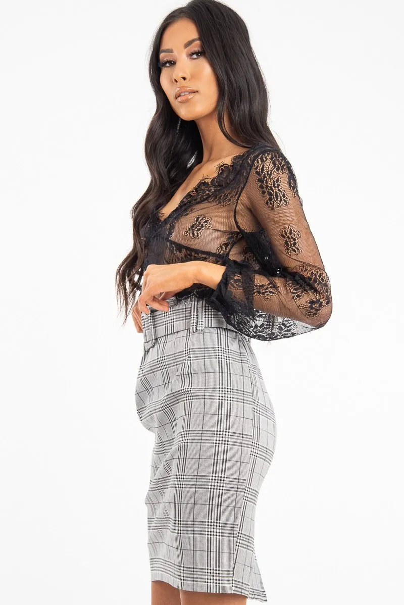 Black Sheer Lace Plunge Long Sleeve Top - Eyana