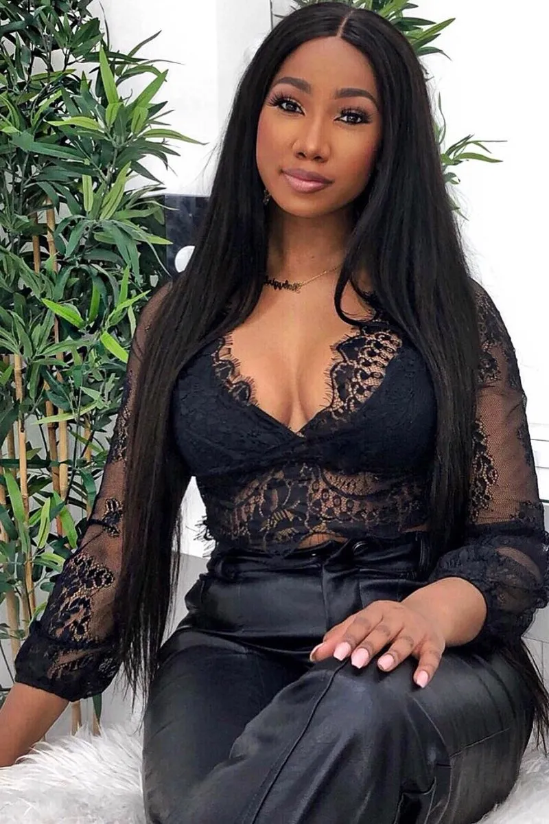 Black Sheer Lace Plunge Long Sleeve Top - Eyana