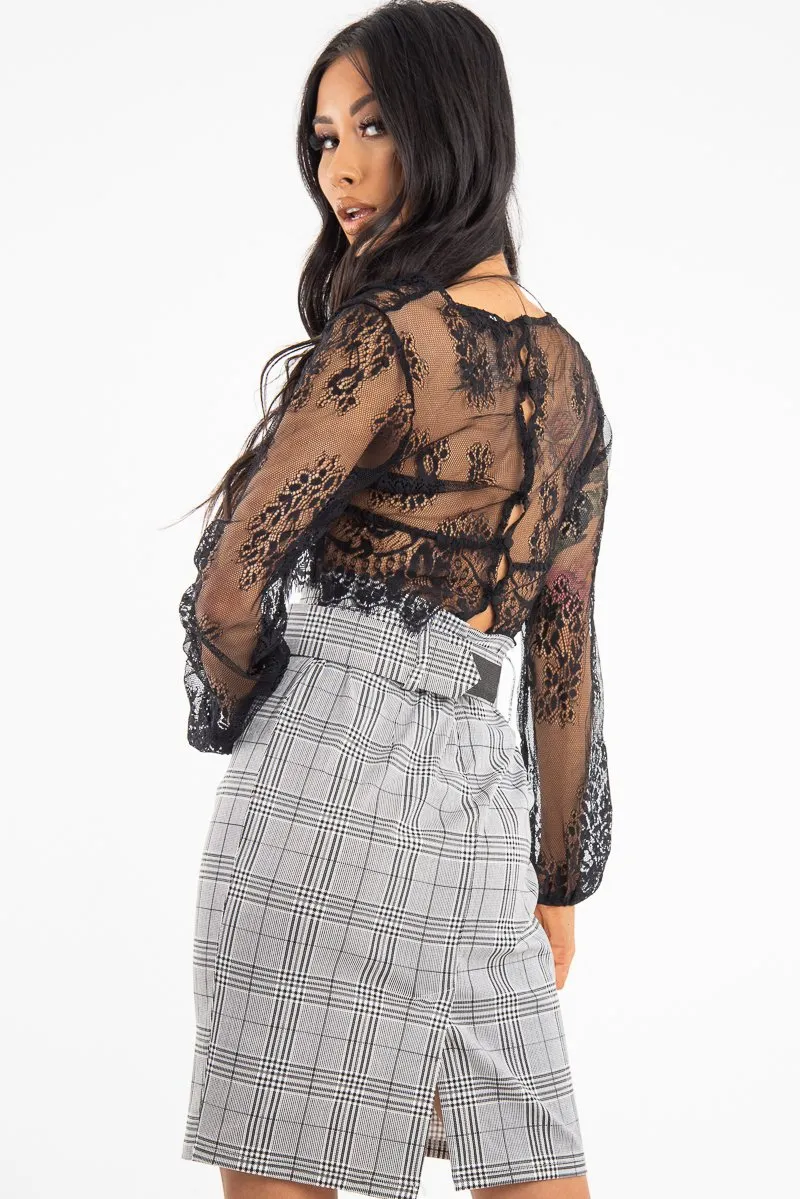 Black Sheer Lace Plunge Long Sleeve Top - Eyana