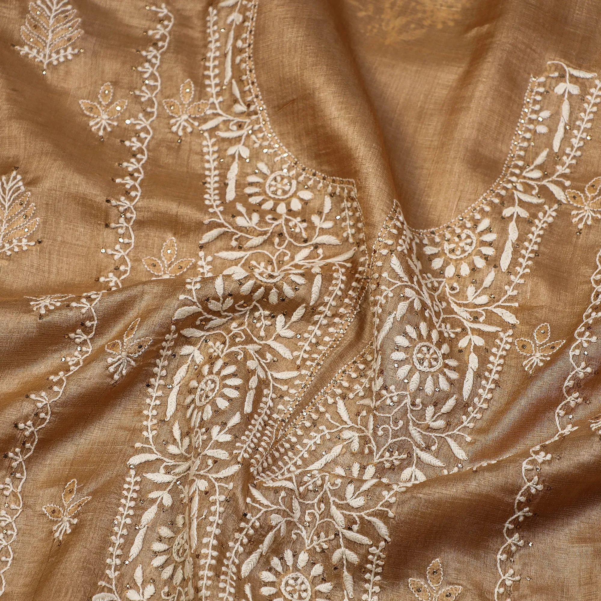 Brown - Lucknow Chikankari Mukaish Hand Embroidery Tussar Silk Handloom Kurta Material - 2.9 Meter