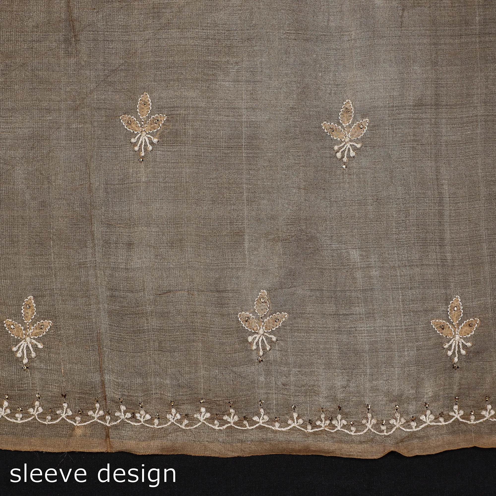 Brown - Lucknow Chikankari Mukaish Hand Embroidery Tussar Silk Handloom Kurta Material - 2.9 Meter