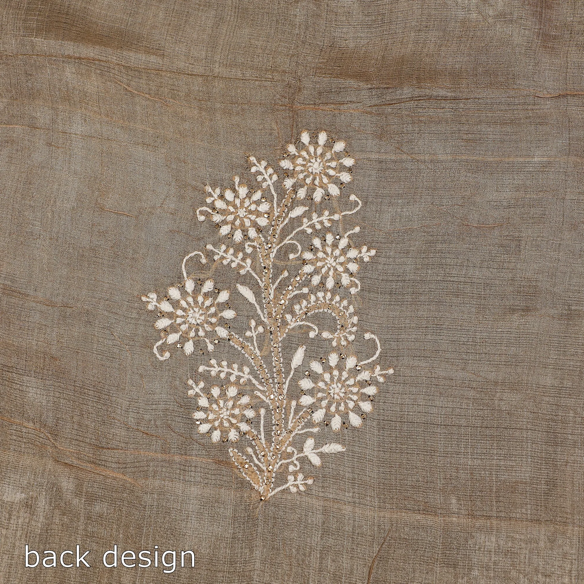 Brown - Lucknow Chikankari Mukaish Hand Embroidery Tussar Silk Handloom Kurta Material - 2.9 Meter