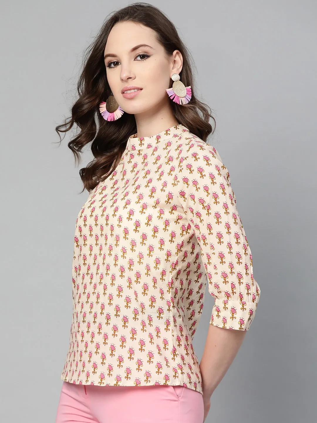 Cream And Pink Floral Printed A-Line Top
