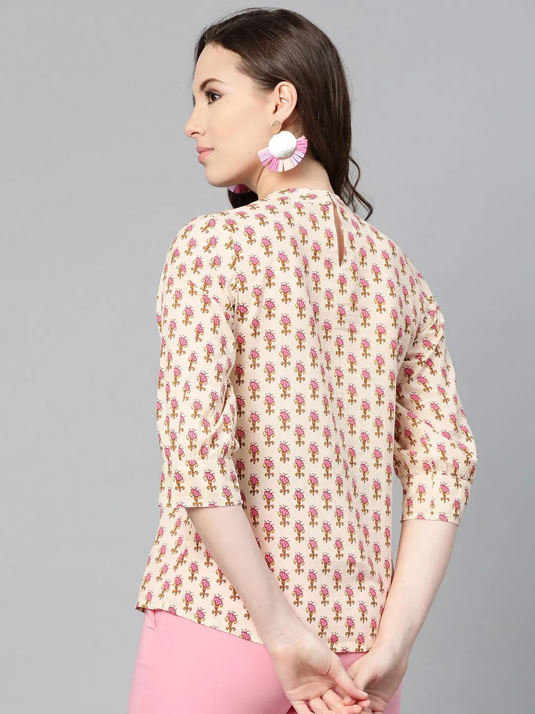 Cream And Pink Floral Printed A-Line Top