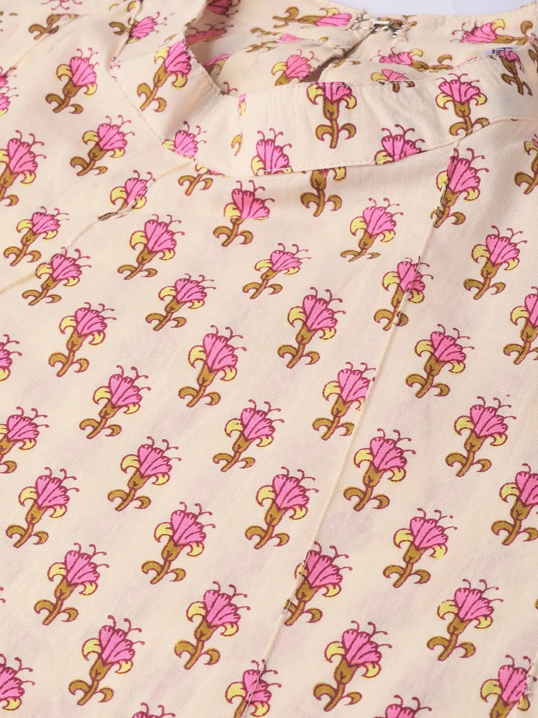 Cream And Pink Floral Printed A-Line Top