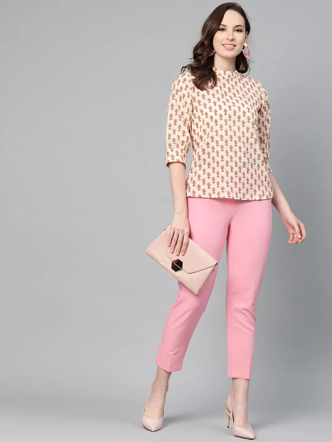 Cream And Pink Floral Printed A-Line Top