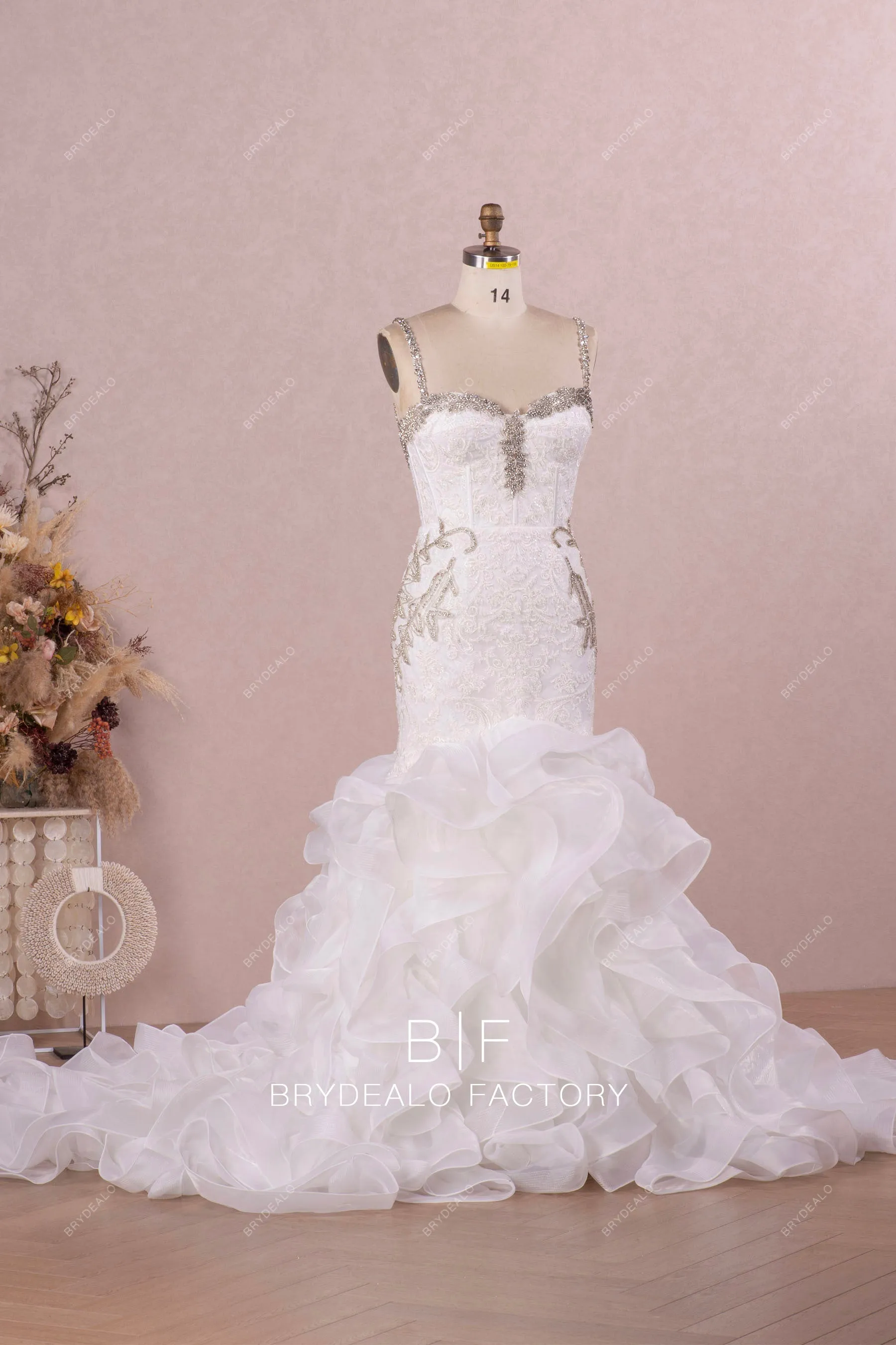 Designer Lace Sleeveless Corset Sparkly Trumpet Wedding Gown