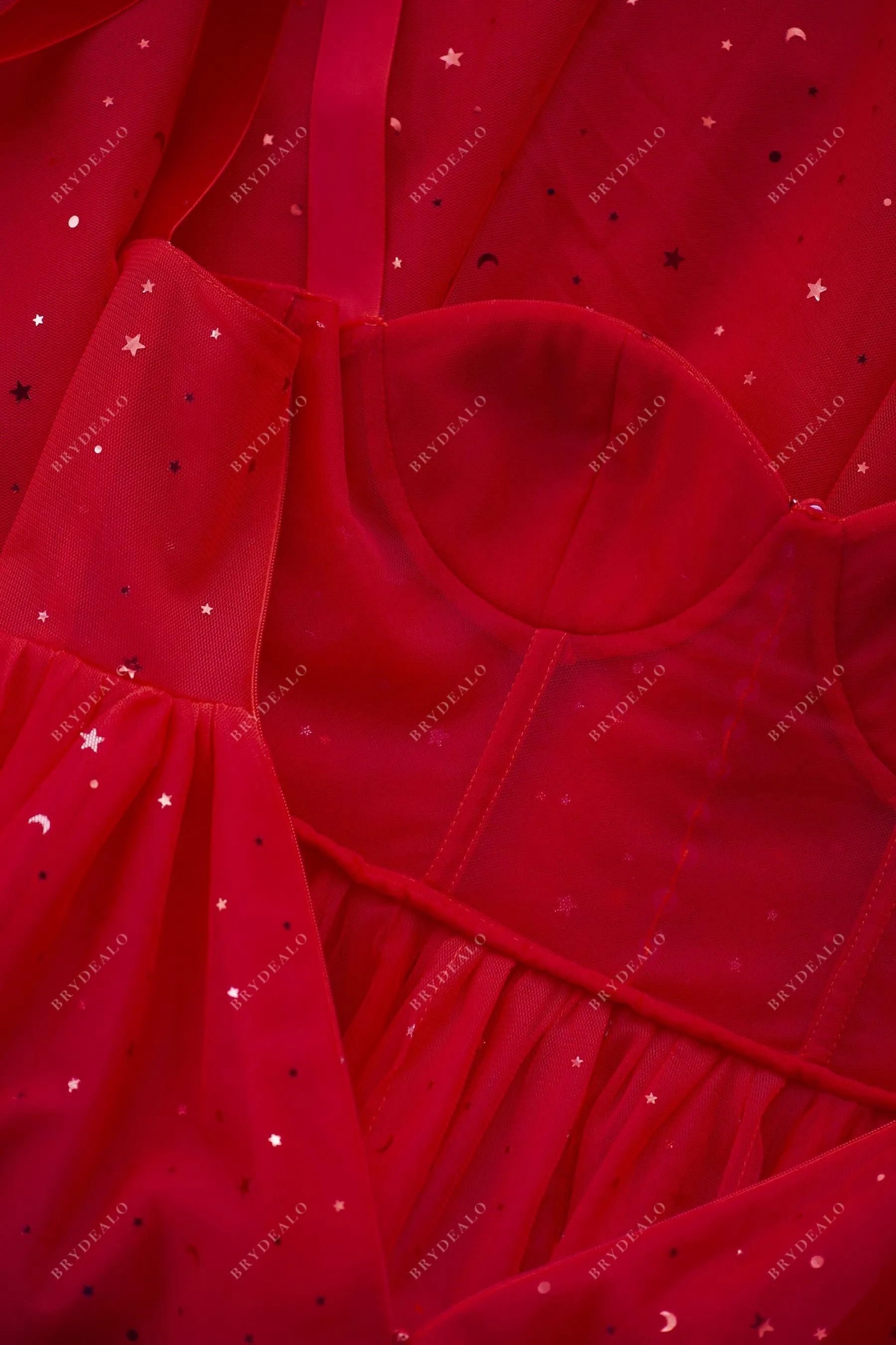 In Stock | Gold Star Red Tulle Tea Length Prom Dress