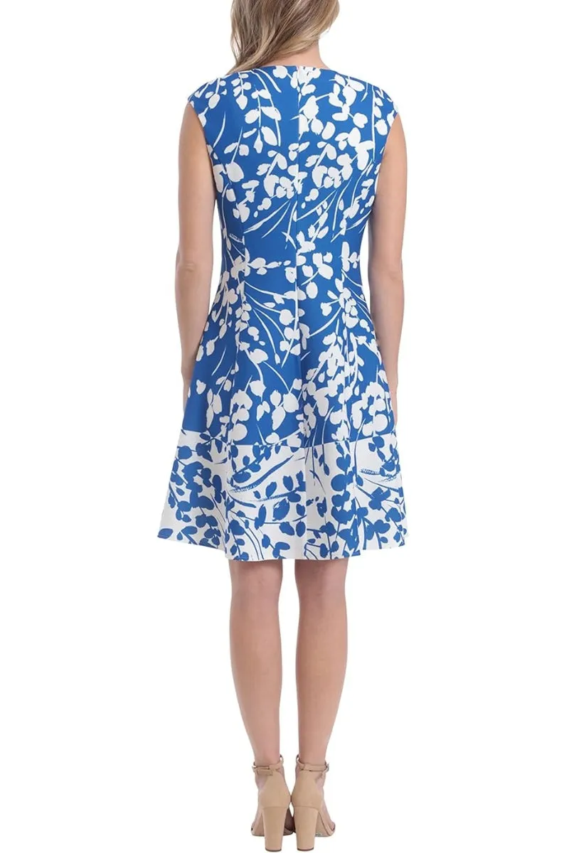 London Times Crew Neck Zipper Back Floral Print Fit & Flare Scuba Dress