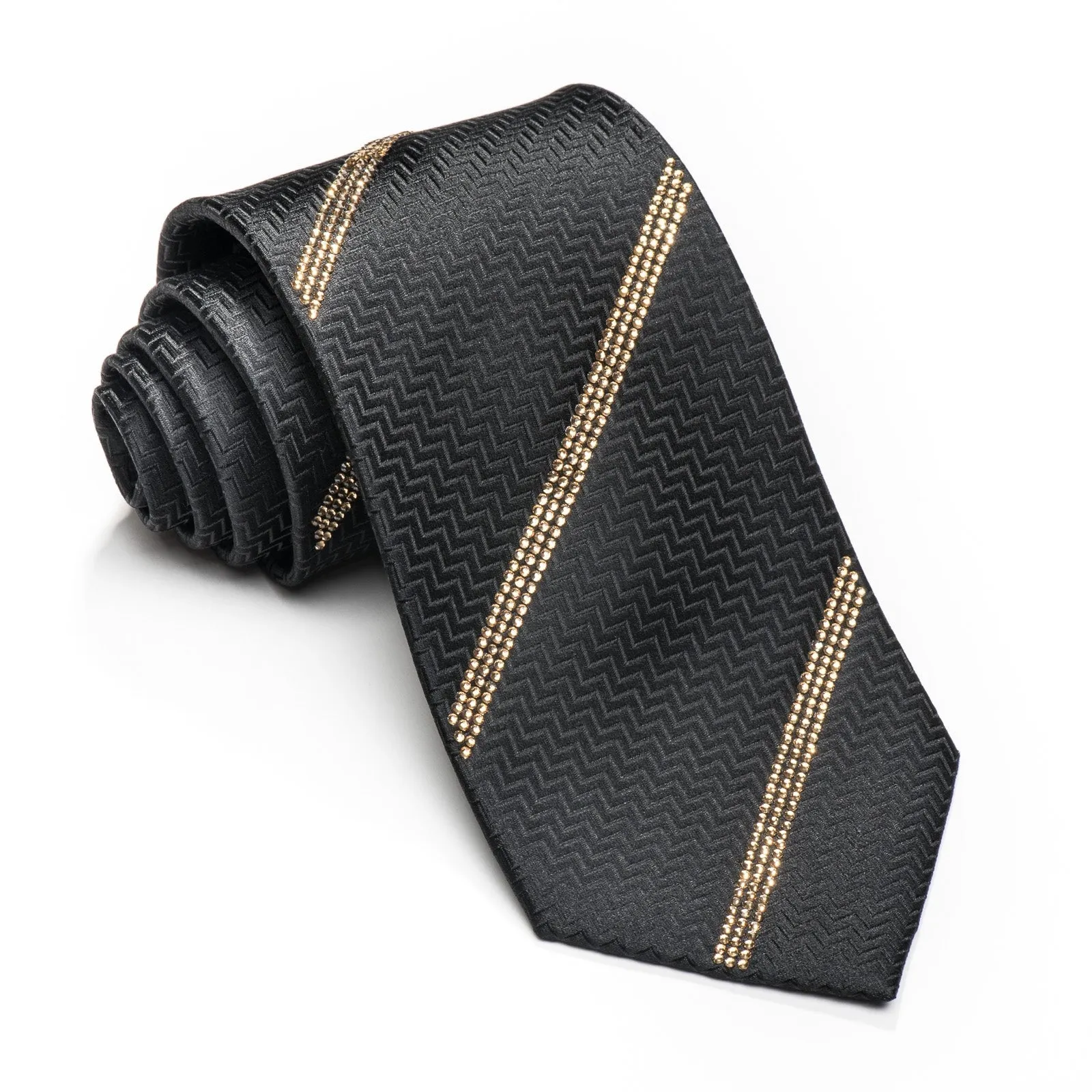 Men's Black Rhinestone Silk Necktie Sparkling With Striped Clear Gold Rhinestones