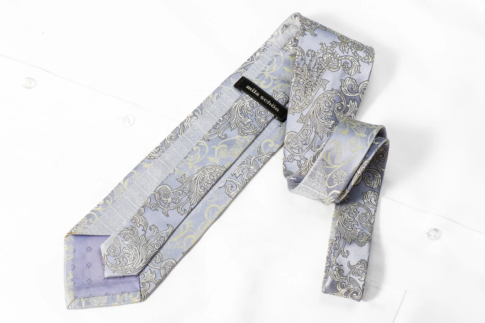 Mila Schon Men's Crystal Rhinestone Silk Necktie Silver Acanthus On Mauve With Gold Sparkles