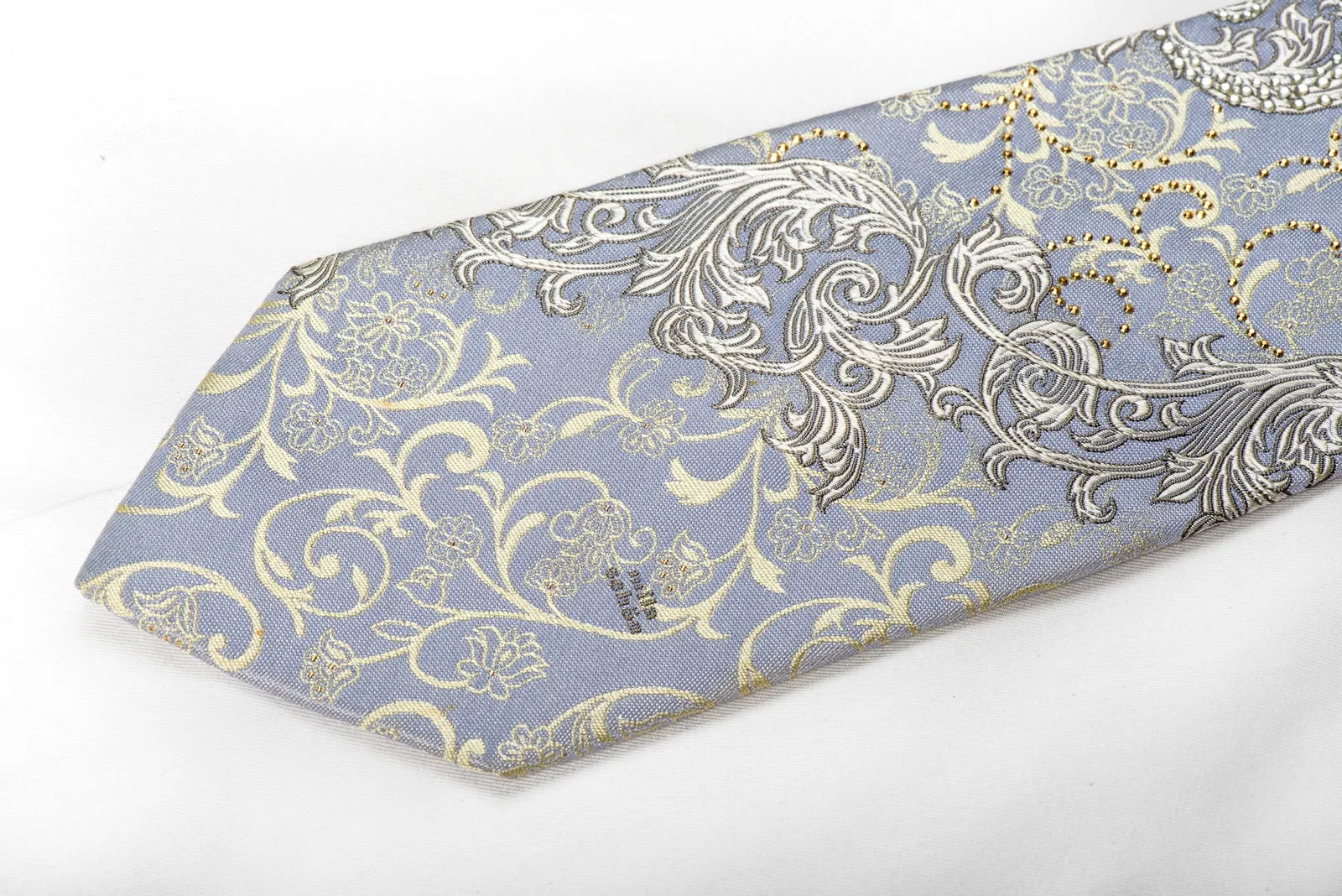 Mila Schon Men's Crystal Rhinestone Silk Necktie Silver Acanthus On Mauve With Gold Sparkles