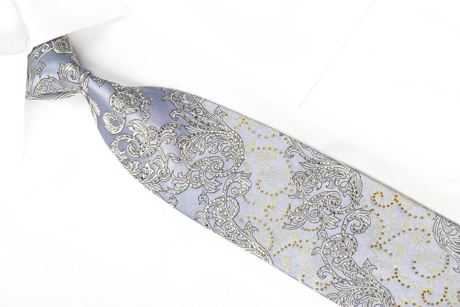Mila Schon Men's Crystal Rhinestone Silk Necktie Silver Acanthus On Mauve With Gold Sparkles