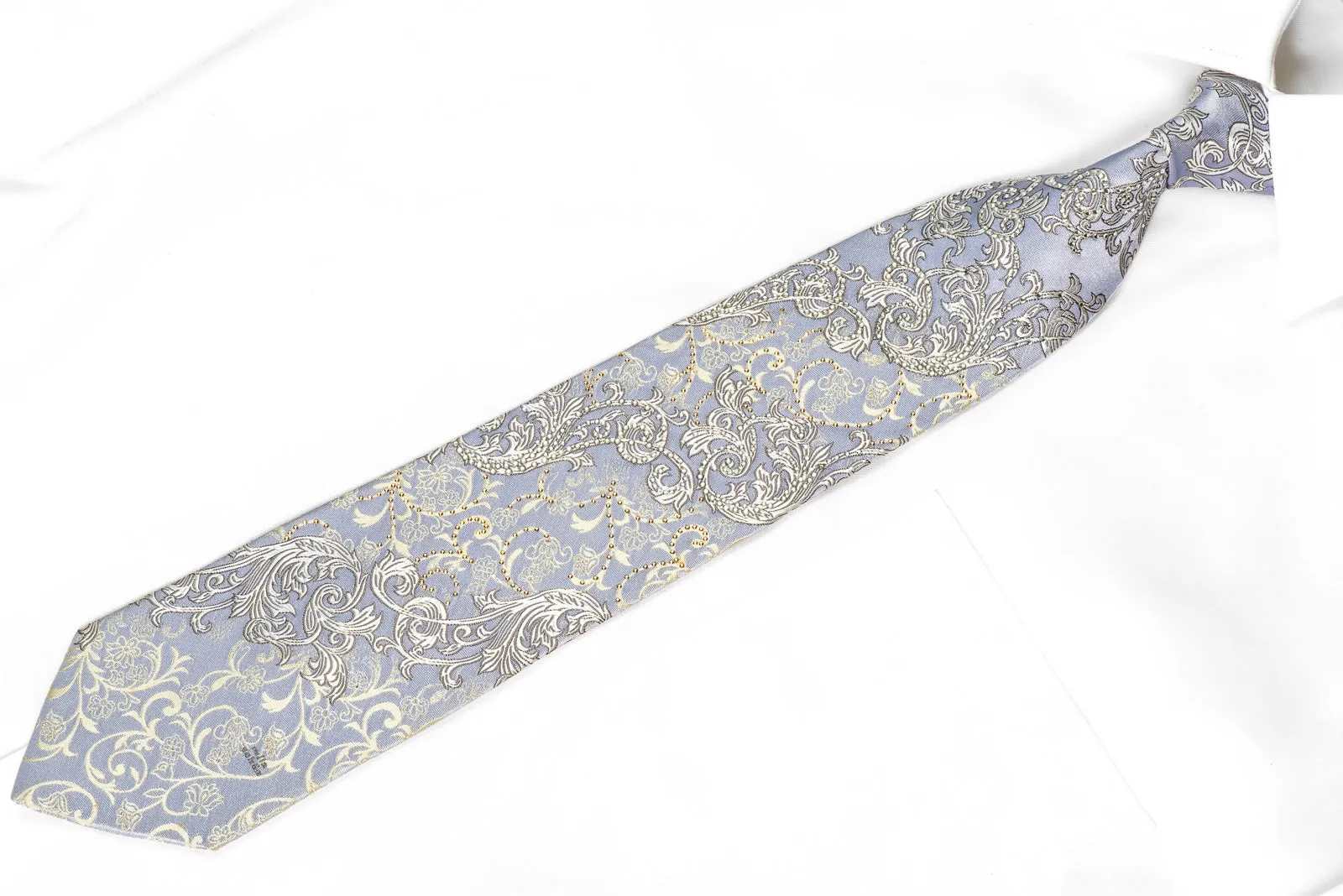 Mila Schon Men's Crystal Rhinestone Silk Necktie Silver Acanthus On Mauve With Gold Sparkles