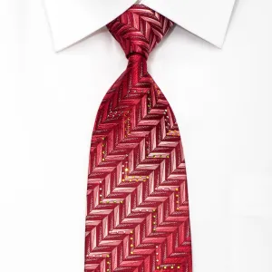 Mila Schon Men's Silk Necktie Herringbone On Red Sparkling With Rhinestones