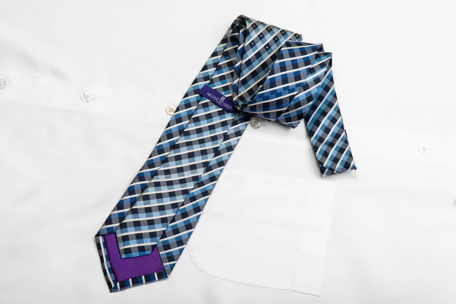 Nicole St Giles Silk Necktie Blue Plaids With Silver Sparkles