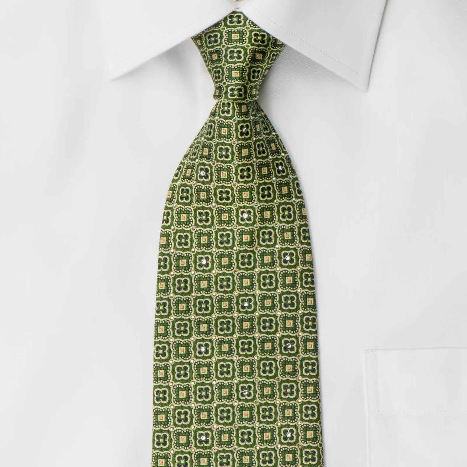 Nina Ricci Silk Necktie Quadrefoil On Green With Crystal Rhinestones