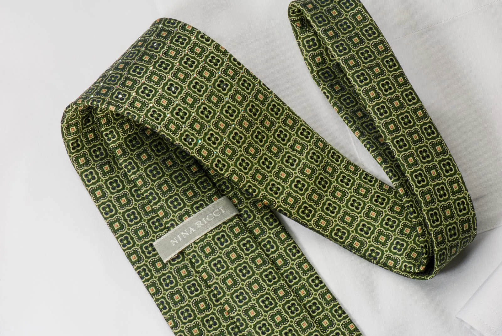 Nina Ricci Silk Necktie Quadrefoil On Green With Crystal Rhinestones