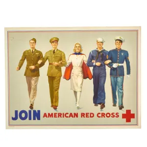 Original Outstanding Condition WWII U.S. Rigid Poster “Join The Red Cross” by Artist R.C. Kauffmann - 20" x 15"