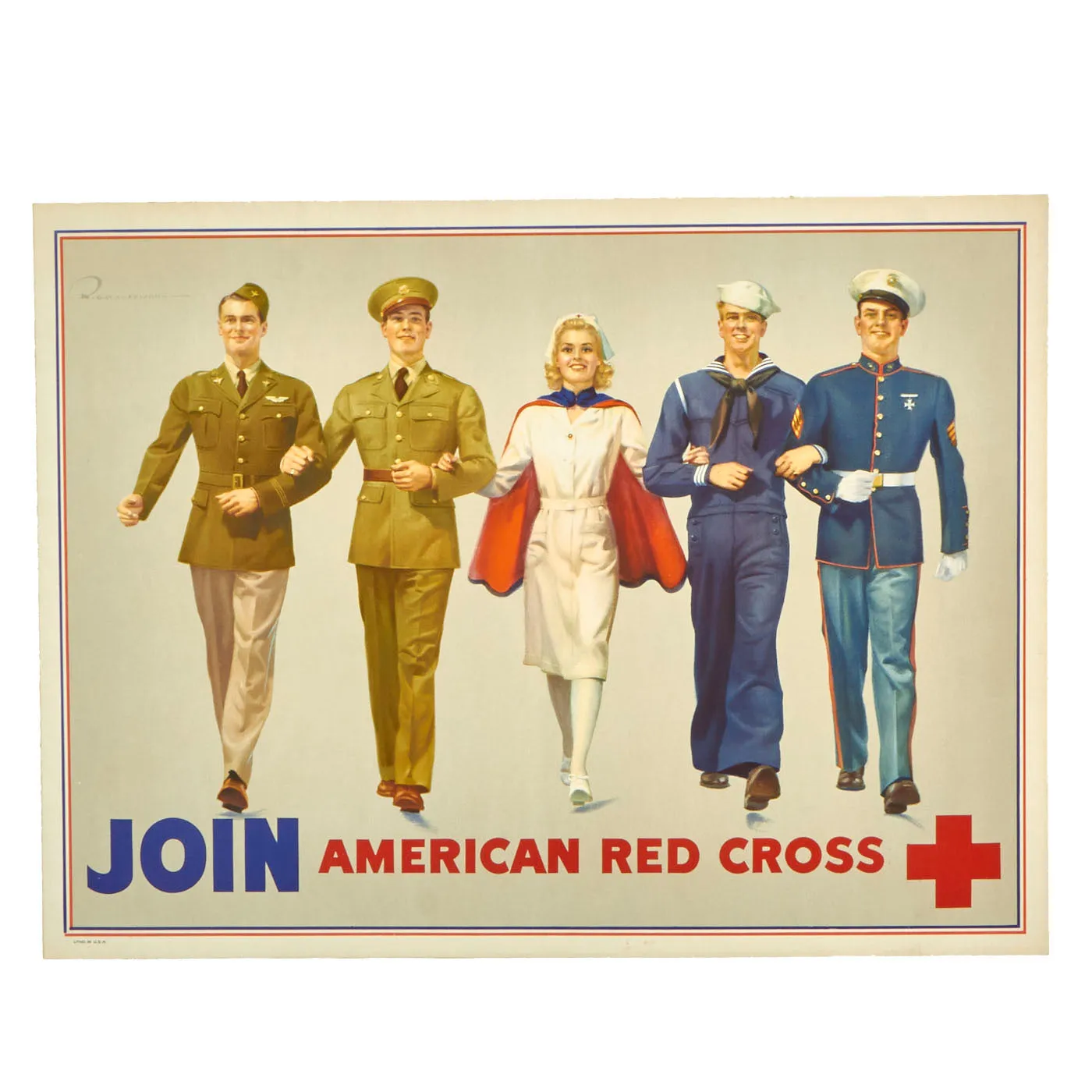 Original Outstanding Condition WWII U.S. Rigid Poster “Join The Red Cross” by Artist R.C. Kauffmann - 20" x 15"