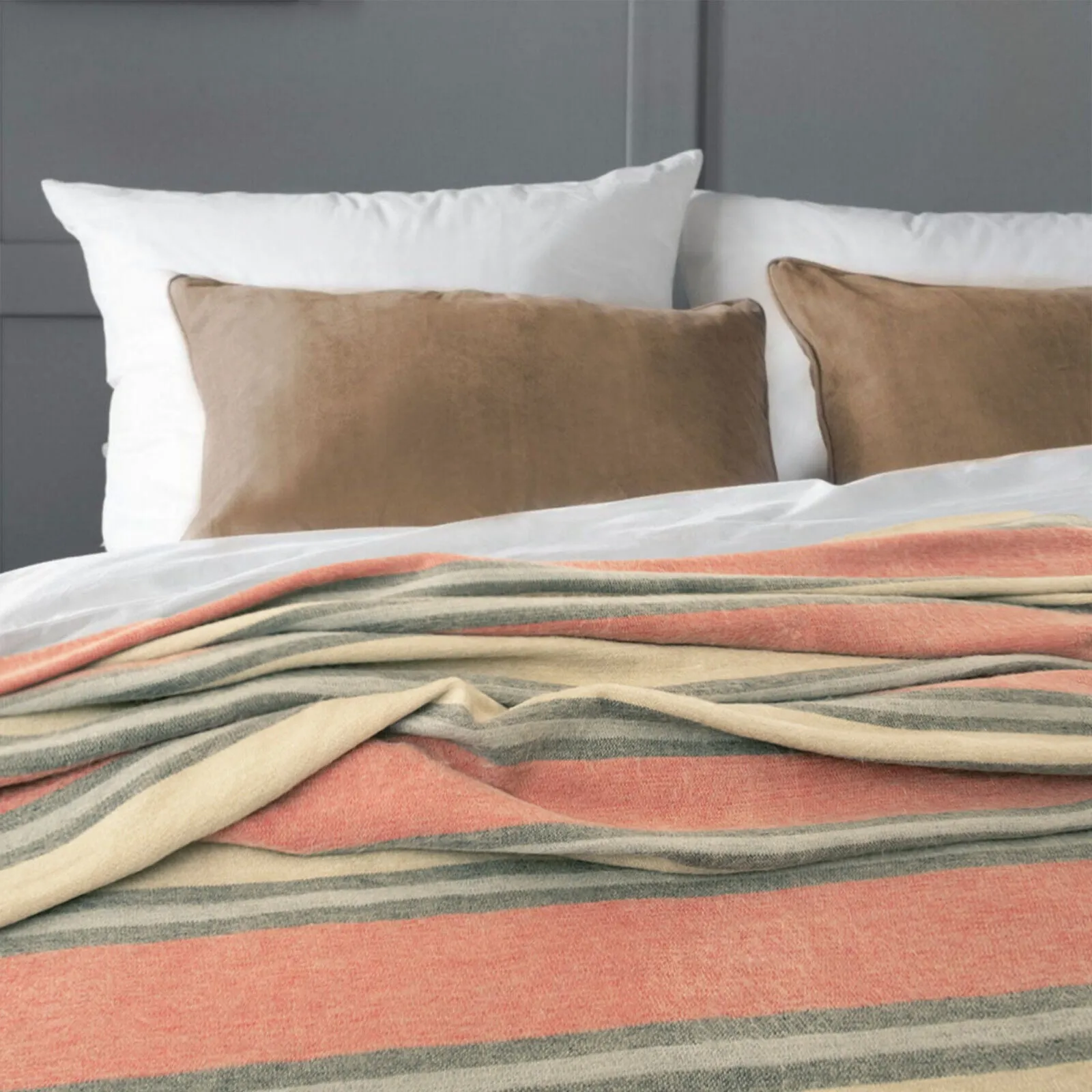Palanda - Baby Alpaca Wool Throw Blanket / Sofa Cover - Queen 95" x 67" - cream crimson stripes pattern