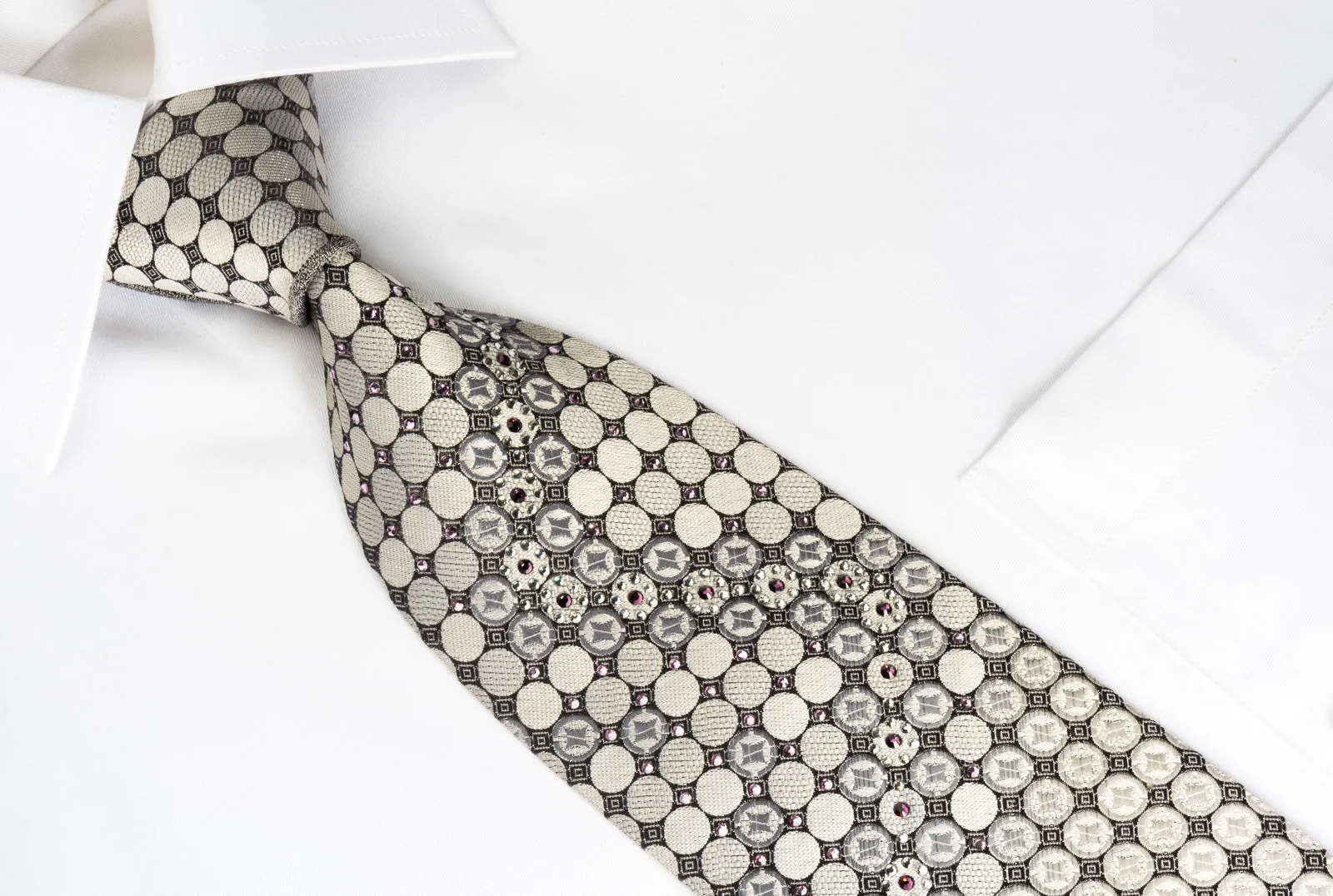 Perry Ellis Silk Tie Silver Geometric On Black With Crystal Rhinestones
