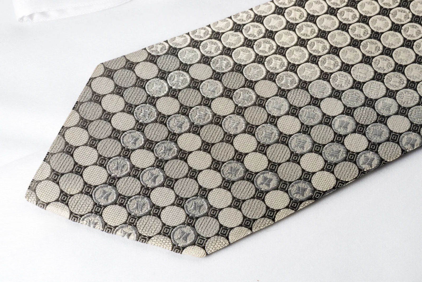 Perry Ellis Silk Tie Silver Geometric On Black With Crystal Rhinestones