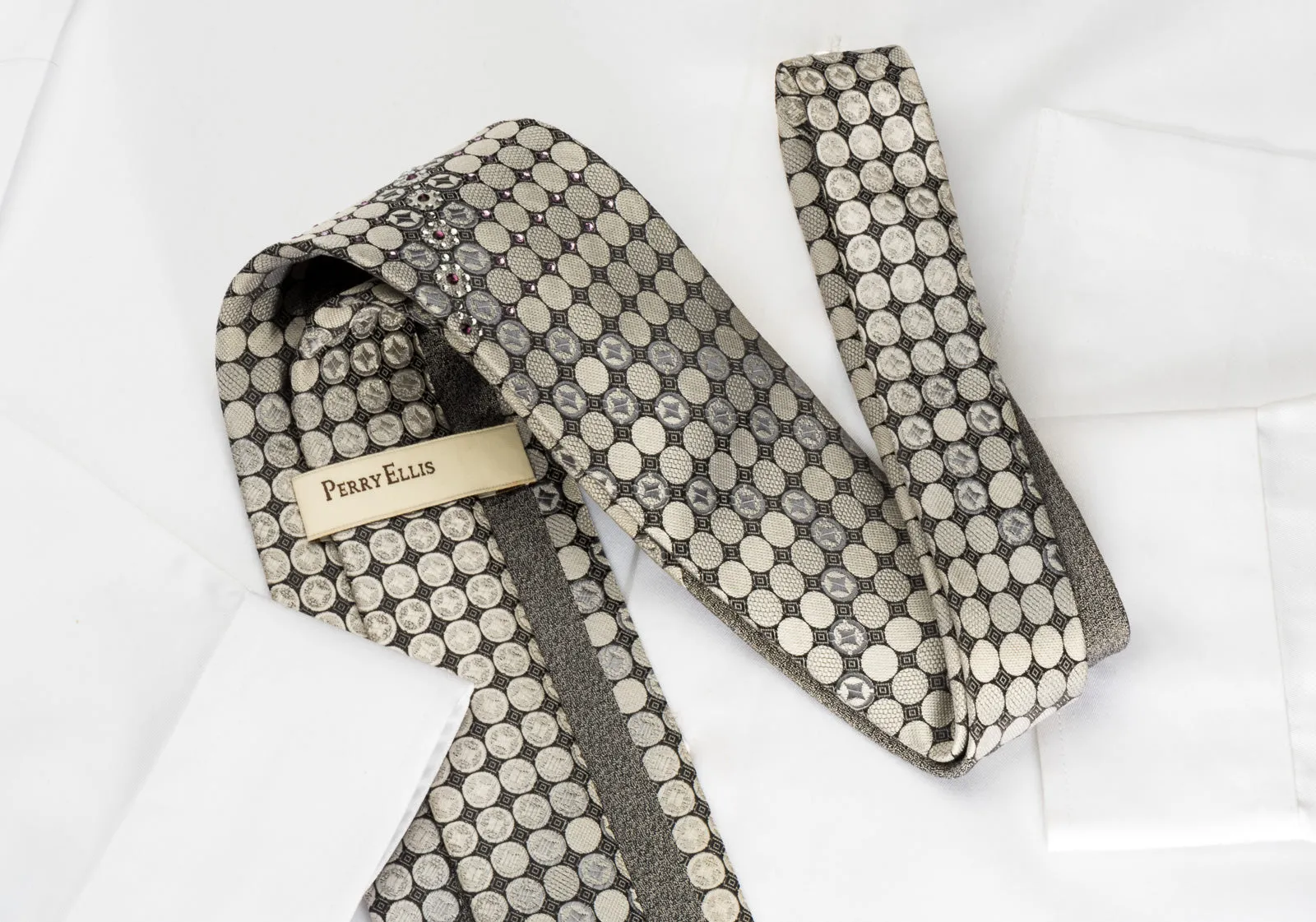 Perry Ellis Silk Tie Silver Geometric On Black With Crystal Rhinestones