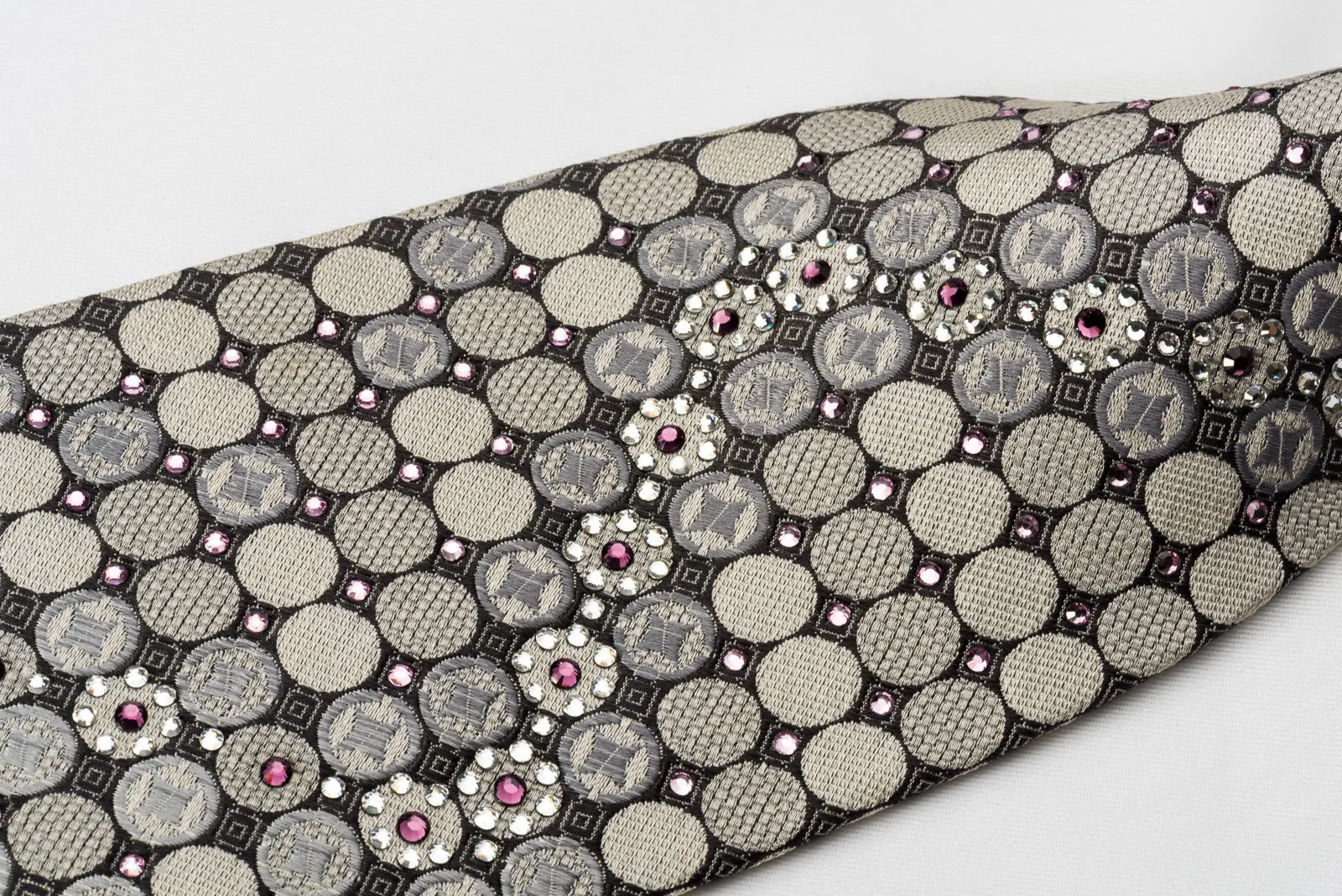 Perry Ellis Silk Tie Silver Geometric On Black With Crystal Rhinestones
