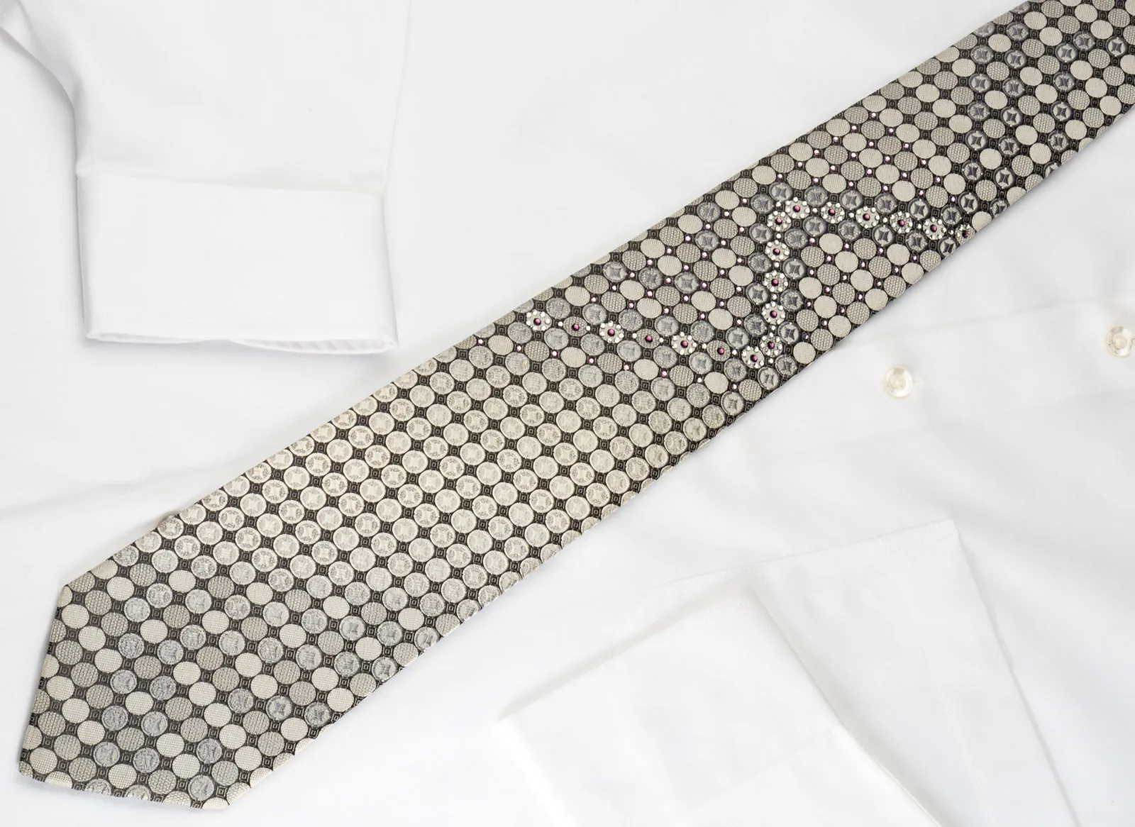 Perry Ellis Silk Tie Silver Geometric On Black With Crystal Rhinestones
