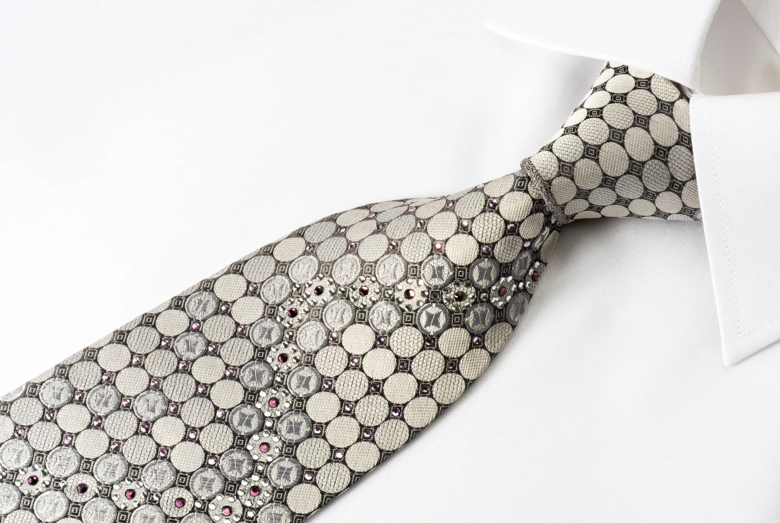 Perry Ellis Silk Tie Silver Geometric On Black With Crystal Rhinestones