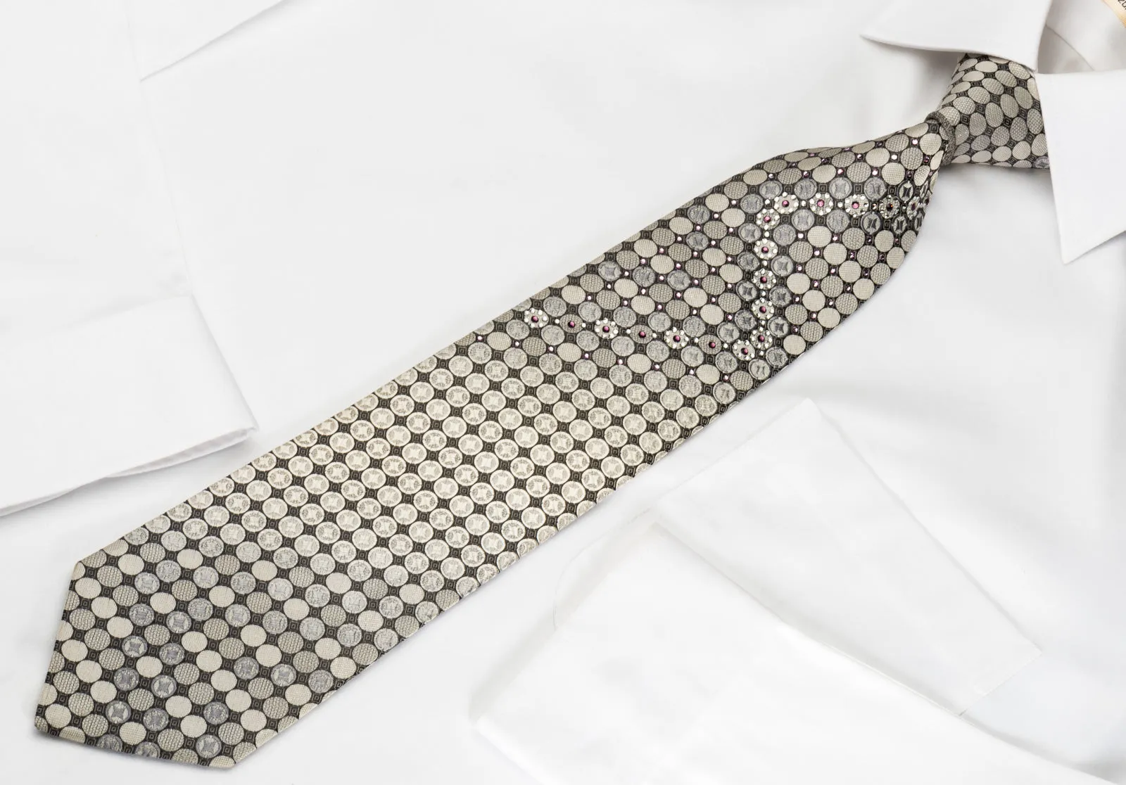 Perry Ellis Silk Tie Silver Geometric On Black With Crystal Rhinestones