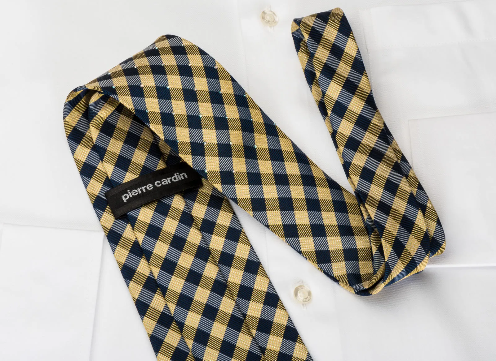 Pierre Cardin Rhinestone Silk Tie Beige Blue Plaids With Silver Sparkles