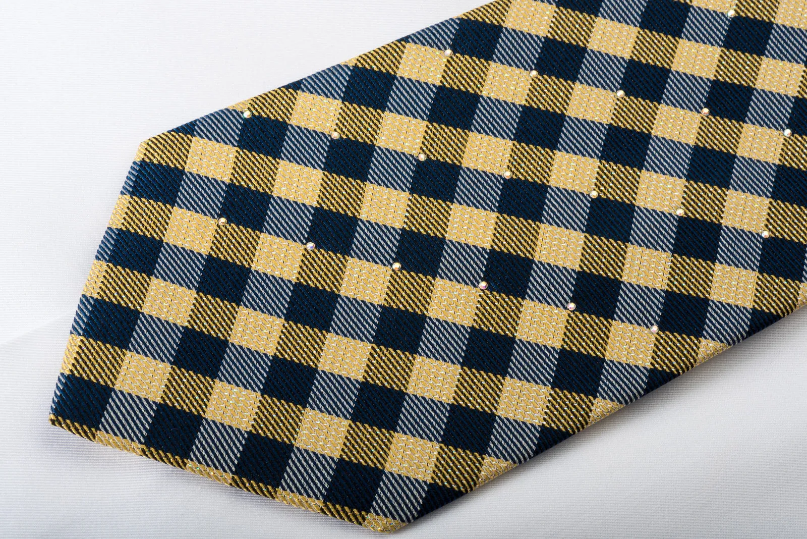 Pierre Cardin Rhinestone Silk Tie Beige Blue Plaids With Silver Sparkles