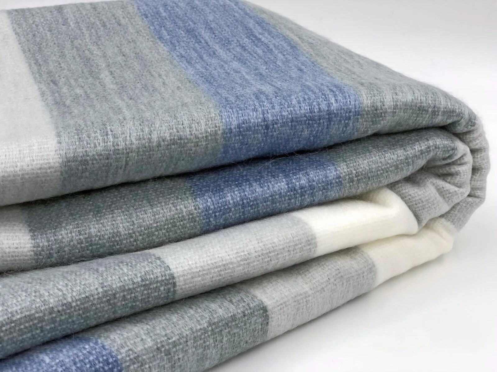 Poguios - Baby Alpaca Wool Throw Blanket / Sofa Cover - Queen 90" x 65" - thick stripes pattern white/blue/gray