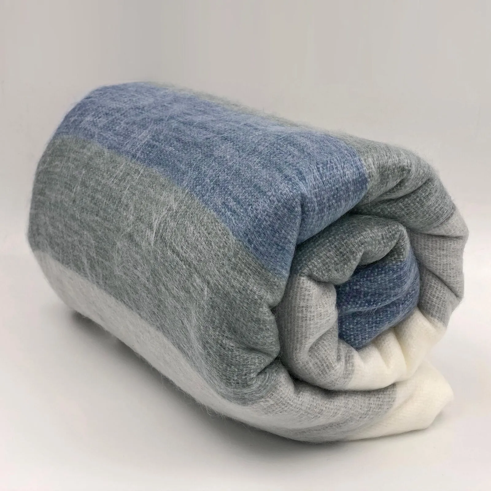 Poguios - Baby Alpaca Wool Throw Blanket / Sofa Cover - Queen 90" x 65" - thick stripes pattern white/blue/gray