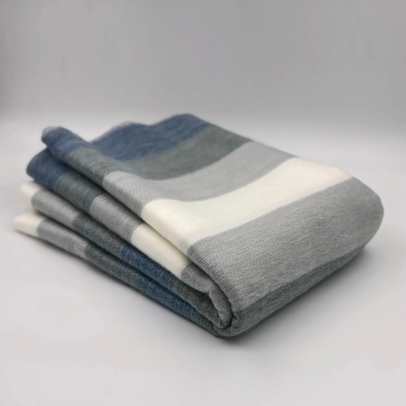 Poguios - Baby Alpaca Wool Throw Blanket / Sofa Cover - Queen 90" x 65" - thick stripes pattern white/blue/gray