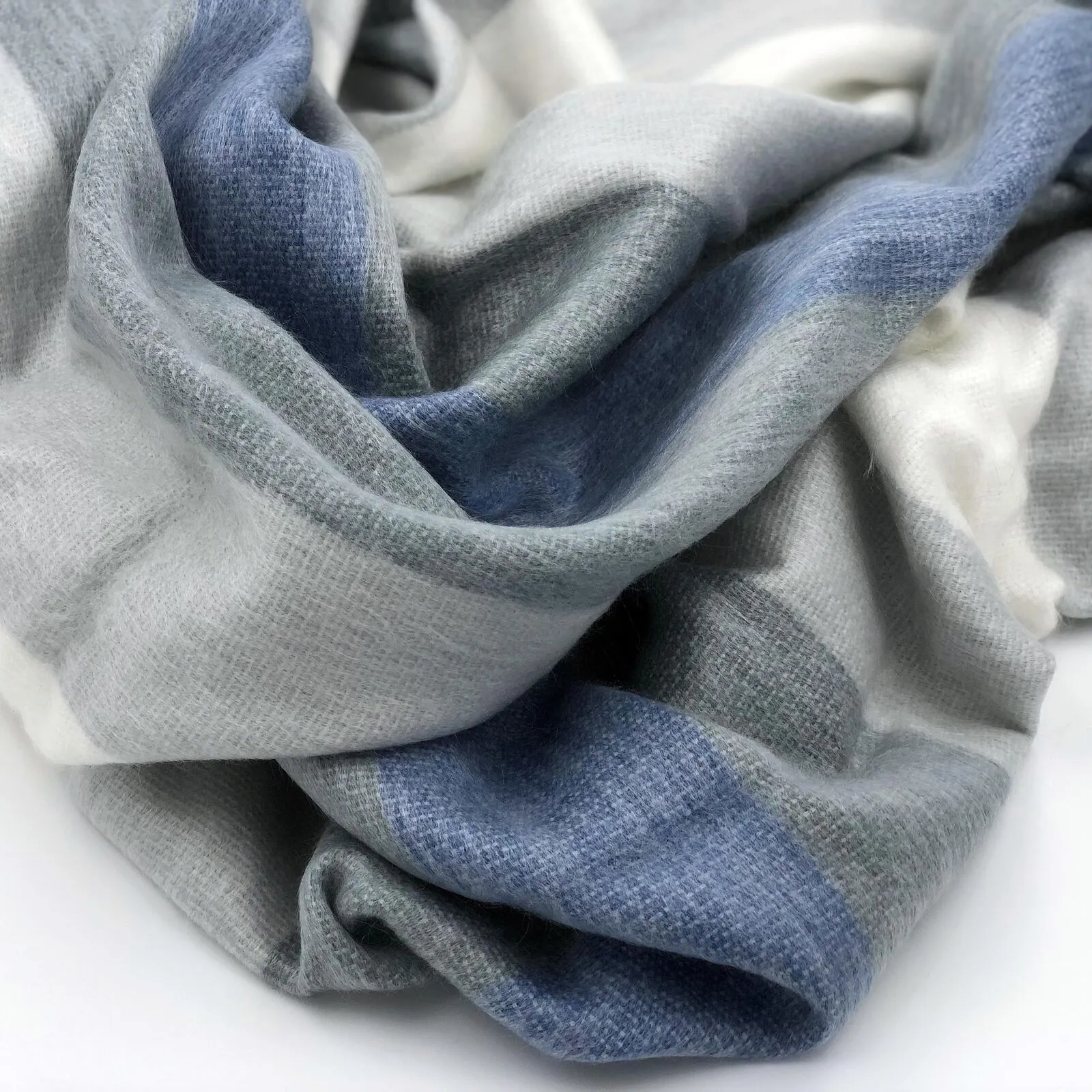 Poguios - Baby Alpaca Wool Throw Blanket / Sofa Cover - Queen 90" x 65" - thick stripes pattern white/blue/gray