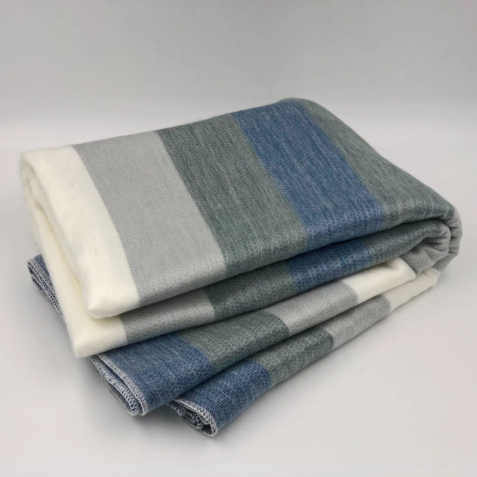 Poguios - Baby Alpaca Wool Throw Blanket / Sofa Cover - Queen 90" x 65" - thick stripes pattern white/blue/gray