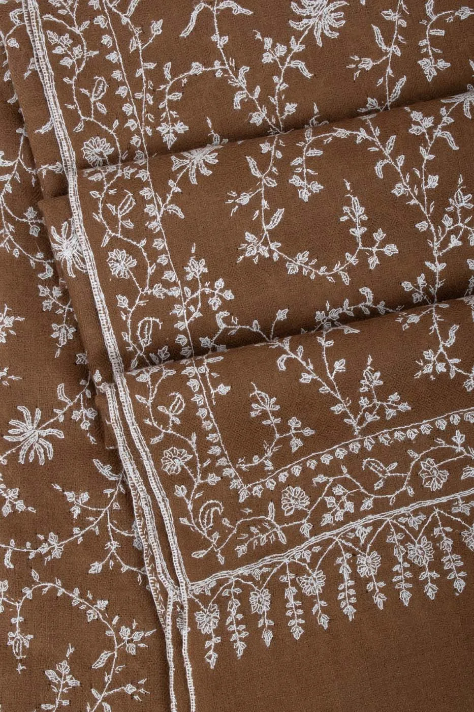 Luxurious White and Brown Sozni Embroidered Pashmina Shawl - AMRAVATI Collection
