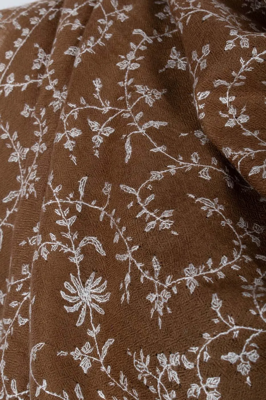 Luxurious White and Brown Sozni Embroidered Pashmina Shawl - AMRAVATI Collection