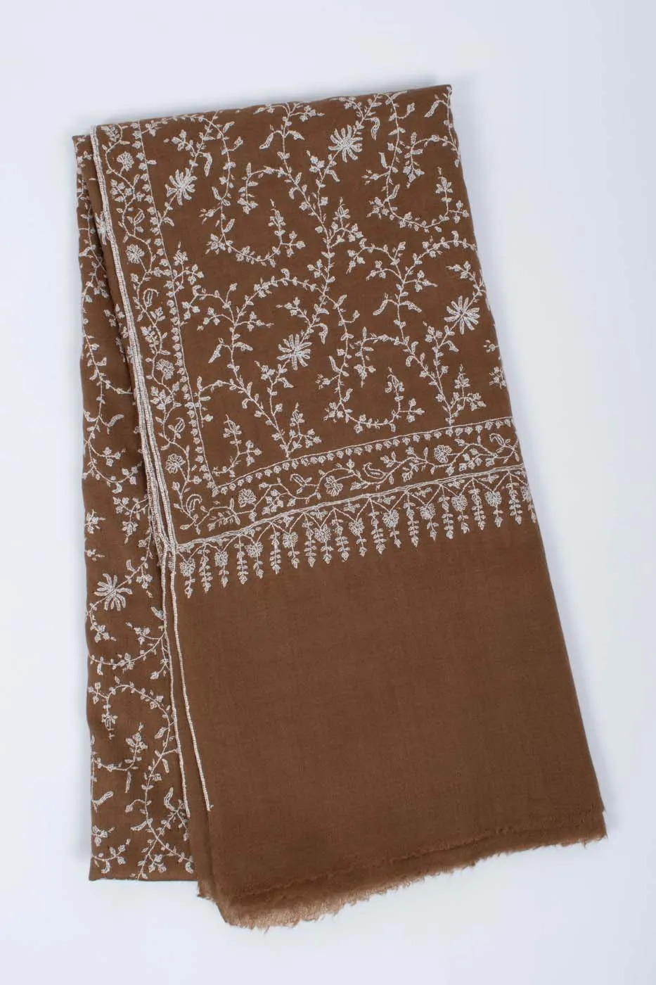 Luxurious White and Brown Sozni Embroidered Pashmina Shawl - AMRAVATI Collection