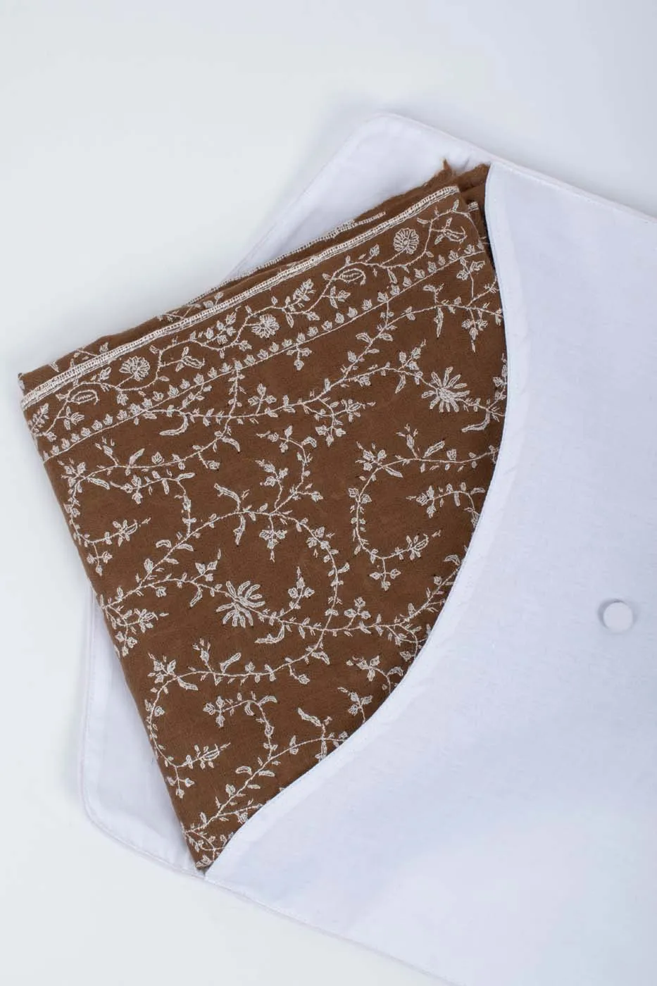 Luxurious White and Brown Sozni Embroidered Pashmina Shawl - AMRAVATI Collection
