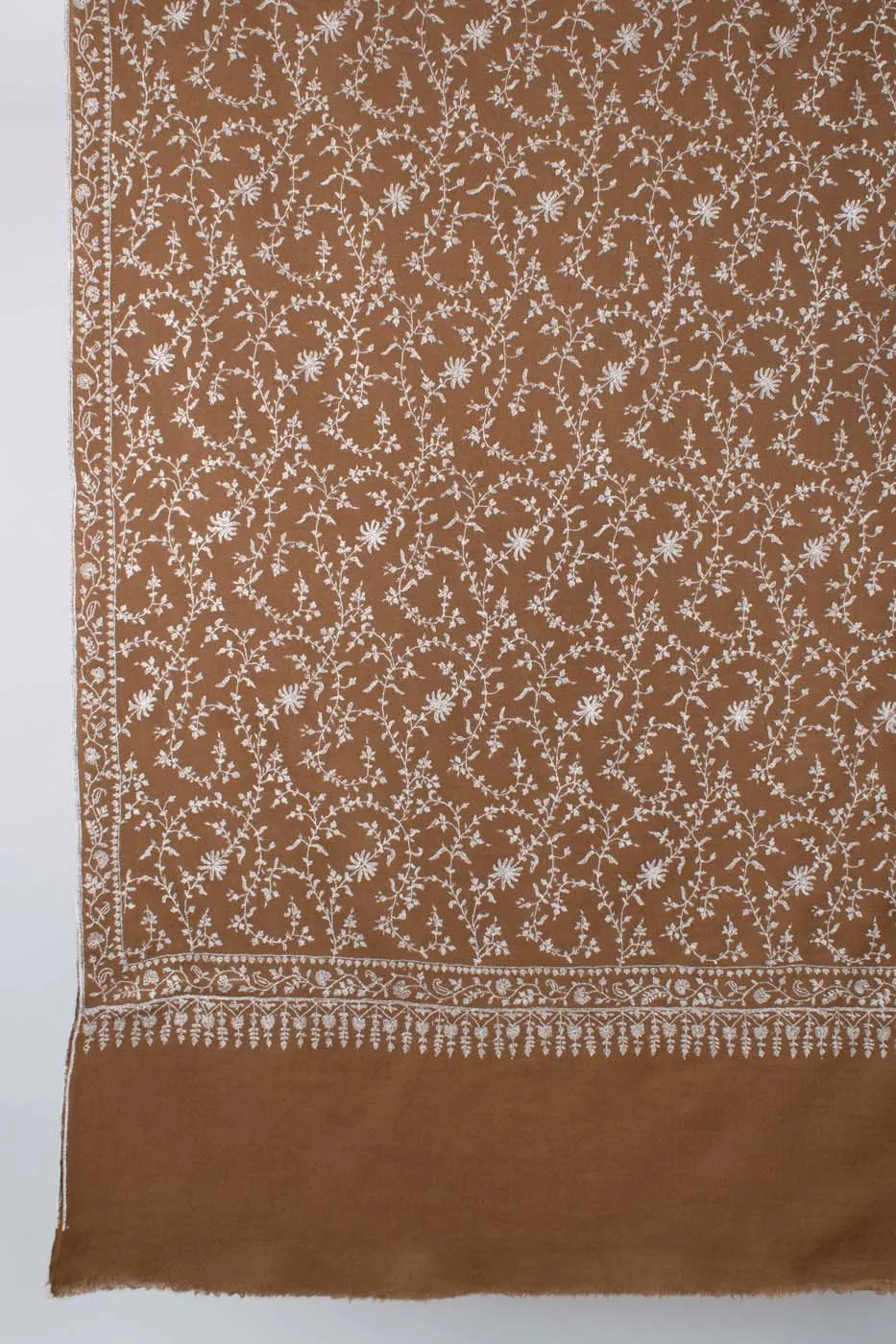 Luxurious White and Brown Sozni Embroidered Pashmina Shawl - AMRAVATI Collection