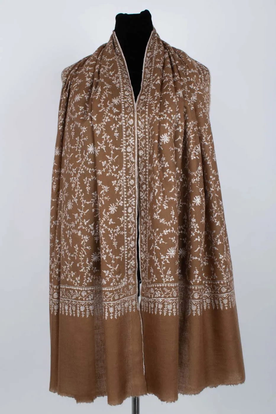 Luxurious White and Brown Sozni Embroidered Pashmina Shawl - AMRAVATI Collection