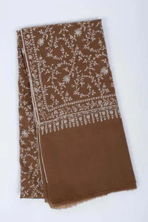 Luxurious White and Brown Sozni Embroidered Pashmina Shawl - AMRAVATI Collection