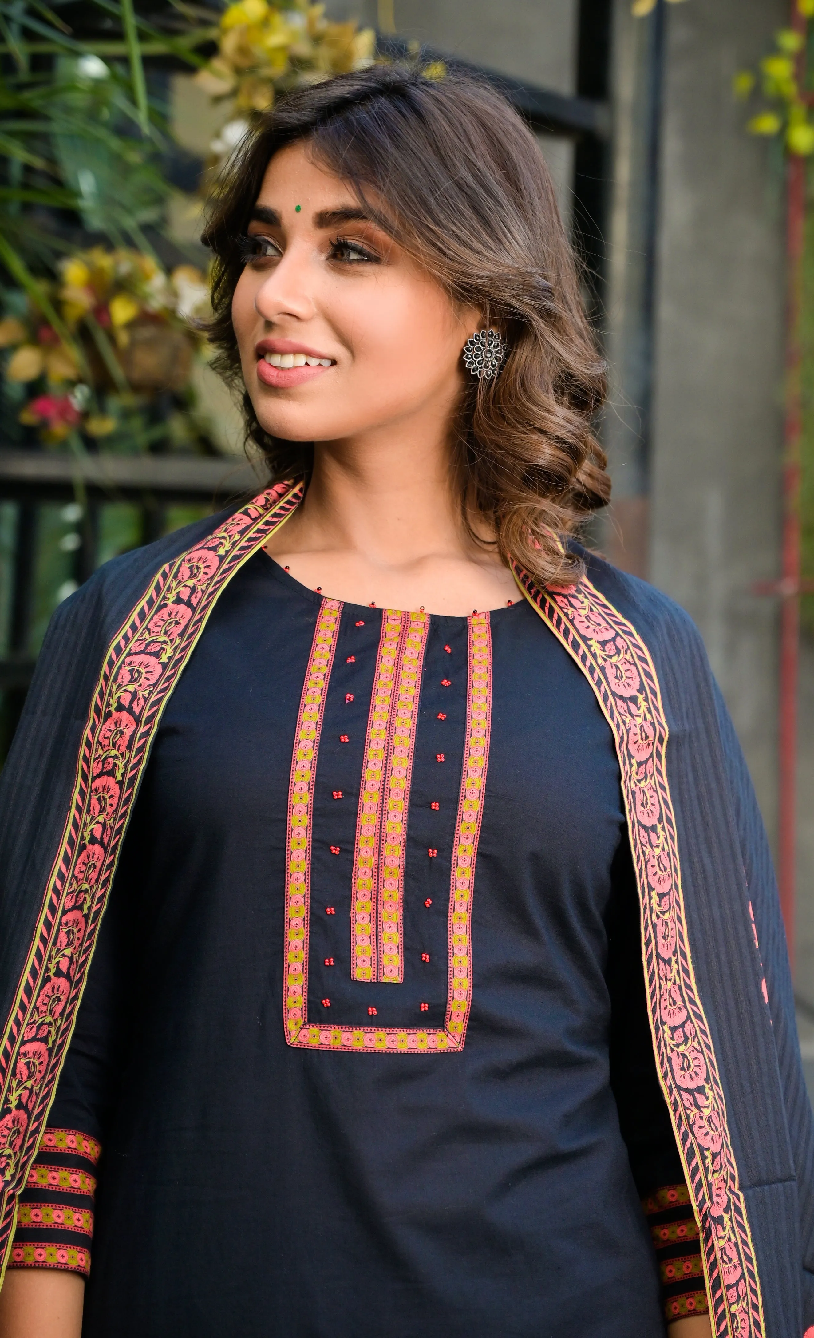 Women Black And Peach Printed Dupatta Set